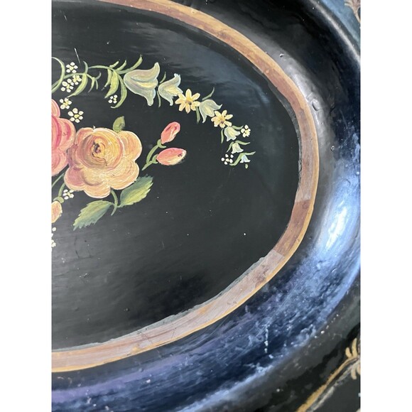 Vintage Large Floral Hand Painted Oval Tole Tray Black Tin Cottage Country Metal - Picture 3 of 7